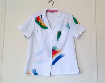 Brush Strokes, 1980s White button Up Blouse by Pepper Tree - bright green + gold + blue - retro artist, vintage paintbrush, 80s - sz medium