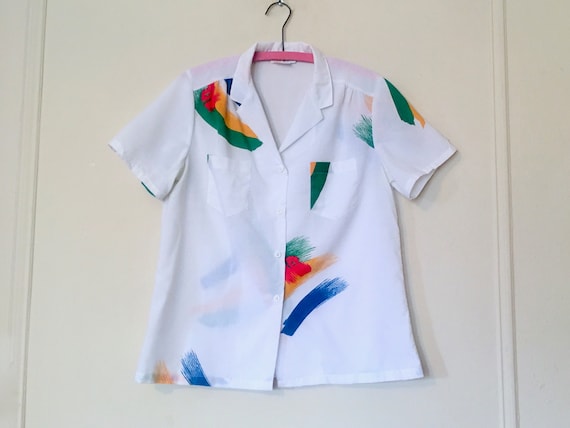 Brush Strokes, 1980s White button Up Blouse by Pe… - image 1