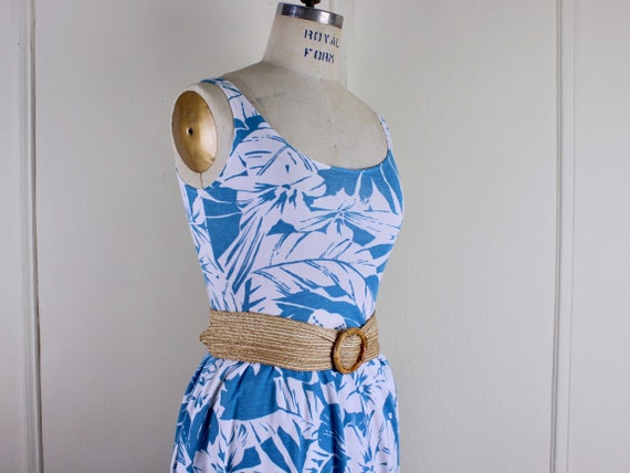 1980s White + Teal Blue Cotton Sun Dress with bre… - image 7