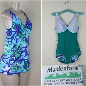 May include: A vintage blue and green swimsuit with a floral print. The swimsuit has a V-neckline and a Maidenform label on the bottom. The label reads "Fiber content and care instructions on reverse side."