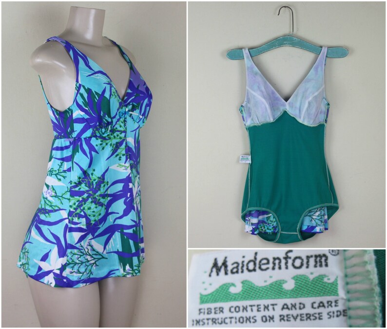 May include: A vintage blue and green swimsuit with a floral print. The swimsuit has a V-neckline and a Maidenform label on the bottom. The label reads "Fiber content and care instructions on reverse side."
