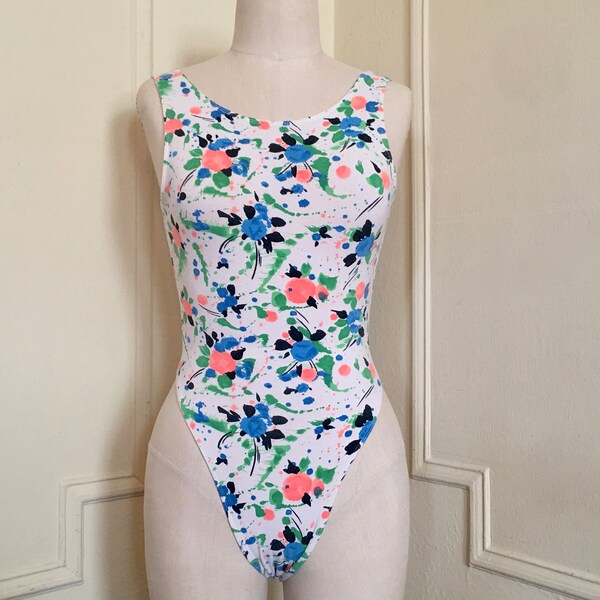 1980er Paint Splatter Leotard mit frechem Rücken von Gilda Marx - Tanzkostüm, Aerobic, Gymnastik, ein Stück, Work out - Vintage Größe medium