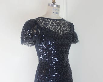 1980s Black Lace & Sequin Party Dress with drop waist and illusion neckline - goth, vamp, new wave, glam rock - size 7/9, small to medium