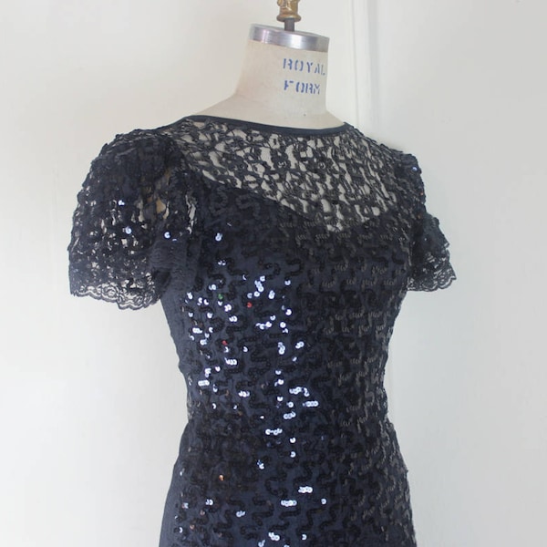 1980s Black Lace & Sequin Party Dress with drop waist and illusion neckline - goth, vamp, new wave, glam rock - size 7/9, small to medium