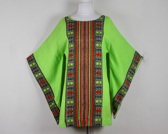 1970s neon GREEN Cotton Caftan, Batik Mini Dress,… - image 6