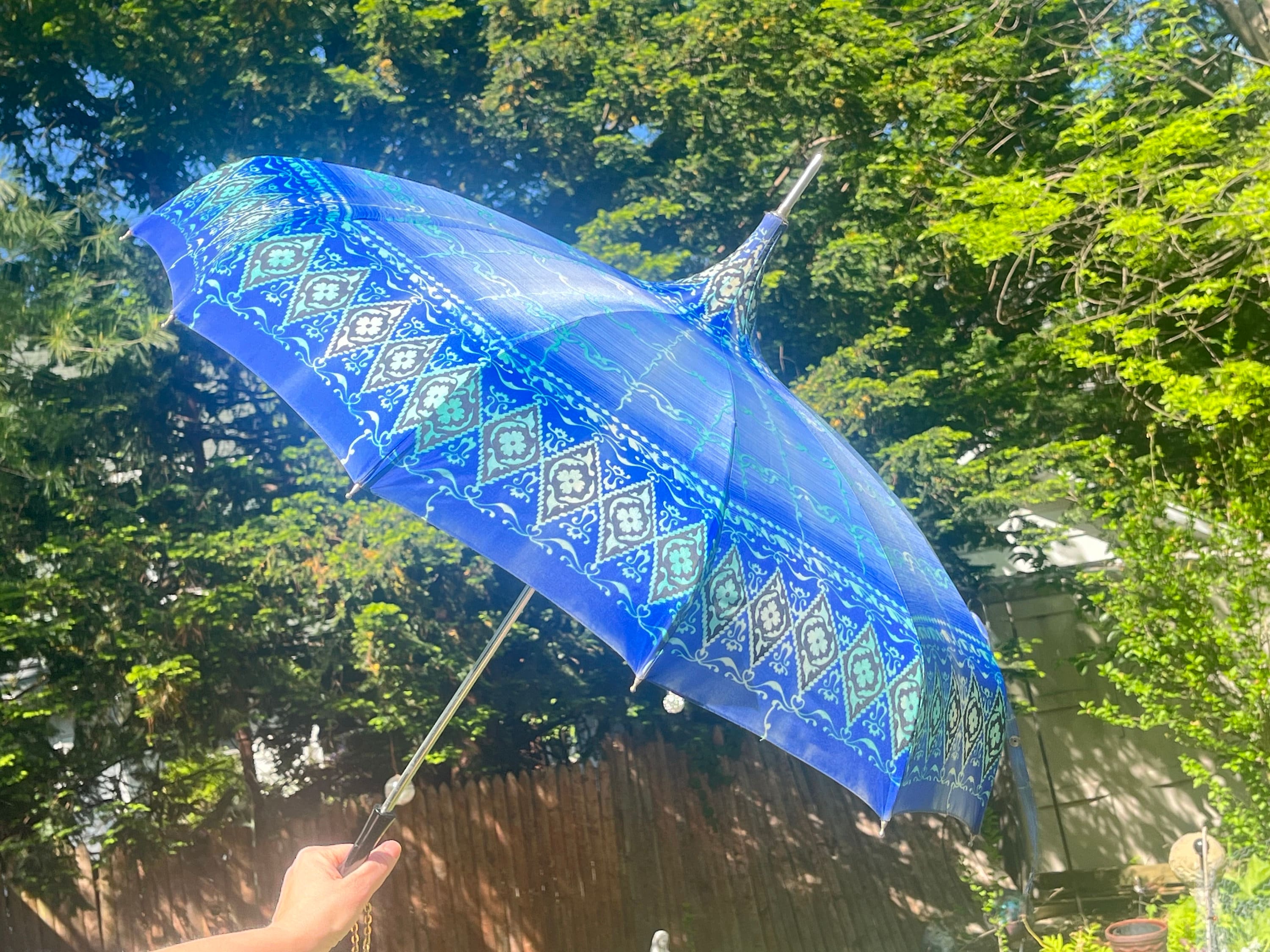 1950s Pagoda Umbrella - Floral Batik Print: Blue + Green + Black
