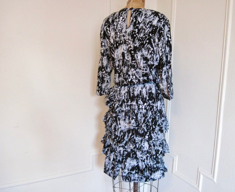 80s Ruffles Vintage 80s Black & White Abstract RUFFLE RUFFLE RUFFLE Party Dress ...
