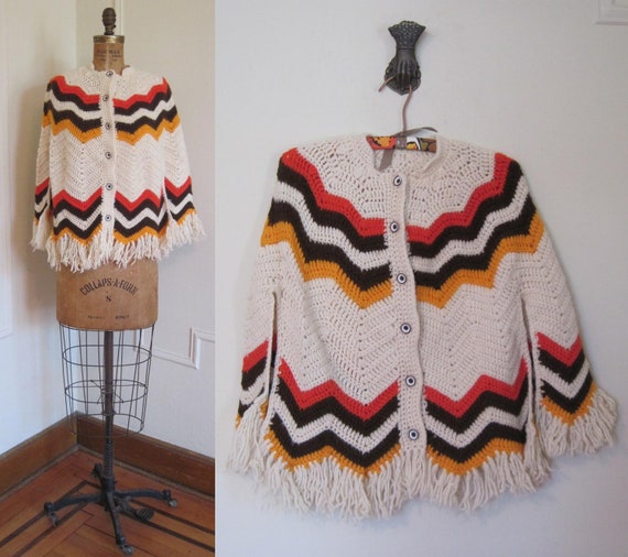 1970s Poncho - cream, vermilion, brown, and orang… - image 2