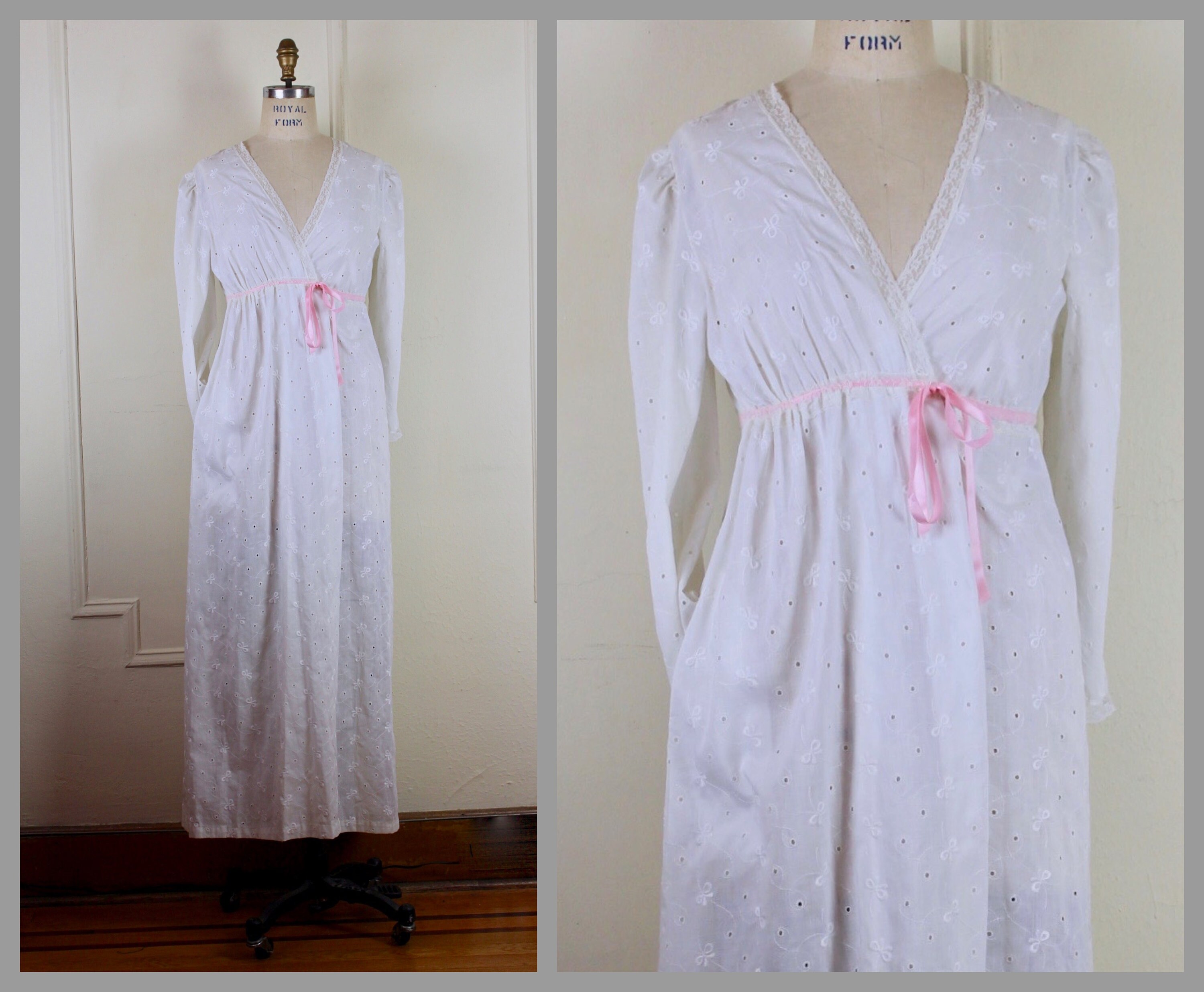 Vintage 1970s White Eyelet Robe With Pink Satin Ribbon - BARBIZON ...