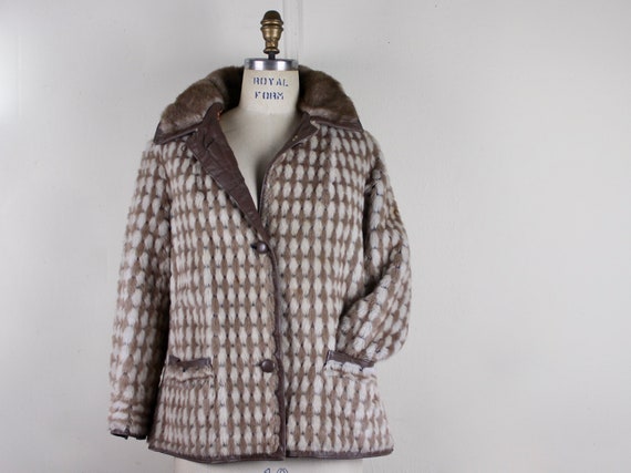 1960s taupe & ivory faux fur + leather coat with … - image 1