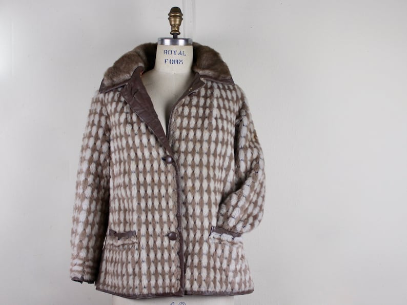 1960s taupe & ivory faux fur leather coat with harlequin pattern by LILLI ANN of Paris MOD, box jacket, winter warm size small, medium image 1