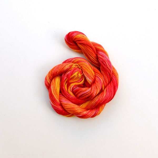 Hand dyed stranded cotton embroidery floss, cross stitch thread, red, dark pink, magenta, orange, yellow, variegated floss
