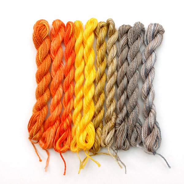 Mini skein set of 10 threads, hand dyed cotton embroidery yarn, grey, beige, neutral, yellow ochre, lemon, orange, coral, perle yarns, floss