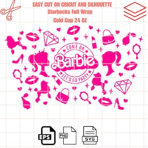 May include: Pink Barbie themed design for a 24 oz cold cup. The design includes a Barbie silhouette, a diamond, a purse, a lipstick, a poodle, a mirror, and hearts. The text reads "Come on Barbie Let's Go Party".