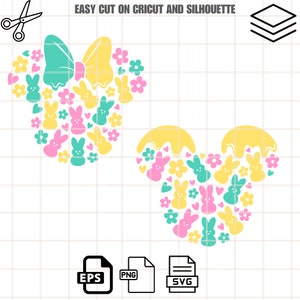 Puede incluir: Dos orejas de Mickey Mouse con temática de Pascua hechas de caramelos Peeps de color rosa pastel, amarillo y verde, flores y corazones. Las orejas están sobre un fondo blanco con un patrón de cuadrícula.