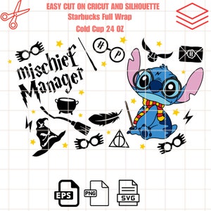 May include: A blue Stitch character wearing a Hogwarts scarf and glasses, holding a wand. The text "mischief manager" is in black lettering. Other Harry Potter themed images include a cauldron, a broom, a hat, a lightning bolt, a feather, a pair of glasses, and the Hogwarts symbol. The text "EASY CUT ON CRICUT AND SILHOUETTE" is at the top of the image. The text "Starbucks Full Wrap" is below that. The text "Cold Cup 24 OZ" is below that. The image includes file type icons for EPS, PNG, and SVG.