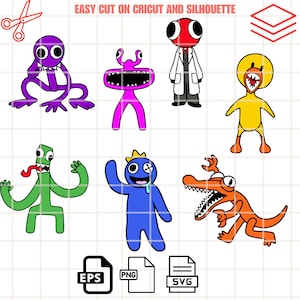May include: Set of 7 colourful cartoon monster characters, including a purple frog, pink alien, red man in a lab coat, yellow duck, green creature with a long tongue, blue creature with a crown, and an orange alligator. Easy cut on Cricut and Silhouette.