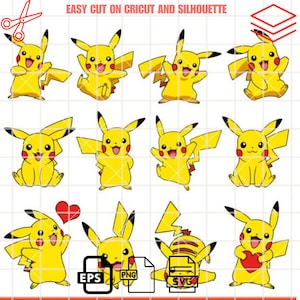 May include: A set of 12 digital cut files featuring a yellow cartoon character with red cheeks and a lightning bolt tail. The character is in various poses, including standing, sitting, and holding a heart. The files are available in EPS, PNG, and SVG formats.