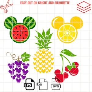 May include: A set of five fruit-themed Mickey Mouse head silhouettes. The set includes a watermelon, a lemon, a pineapple, a bunch of grapes, and two cherries. Each fruit is outlined in black and filled with its respective color.