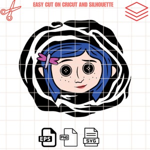 Coraline Head Svg, Coraline Button Eyes Svg, Halloween Svg, Horror Svg, Cricut, Silhouette Vector Cut File