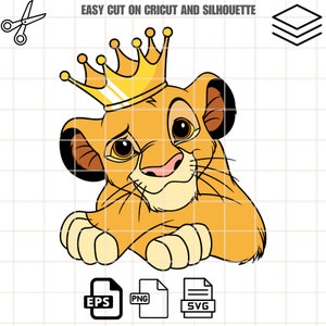 May include: A cartoon illustration of a lion cub wearing a gold crown. The lion cub is looking to the right and has its paws crossed in front of it. The background is a white grid.