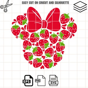 May include: Red and green strawberry silhouette in the shape of Mickey Mouse ears with a red bow on top.  The image is on a white background with a grid pattern.
