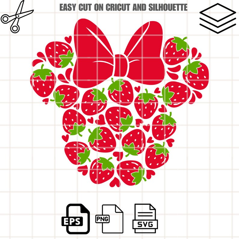 May include: Red and green strawberry silhouette in the shape of Mickey Mouse ears with a red bow on top.  The image is on a white background with a grid pattern.