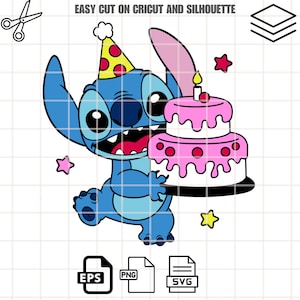 Birthday Cake Stitch Svg, Happy Birthday Svg, Birthday Party Svg, Kawaii Svg, Cricut, Silhouette Vector Cut File