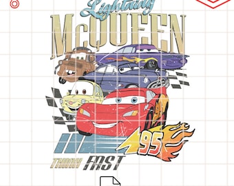 Puede incluir: Una ilustración digital de Rayo McQueen de la película Cars de Disney Pixar. La imagen presenta a Rayo McQueen con una pintura roja, amarilla y negra. La imagen también presenta otros coches de la película Cars, incluyendo Mate, Doc Hudson y Sally. El texto "Rayo McQueen" está escrito en una fuente estilizada por encima de los coches. El texto "Piensa rápido" está escrito debajo de los coches. El número "95" está escrito en el lateral del coche de Rayo McQueen.