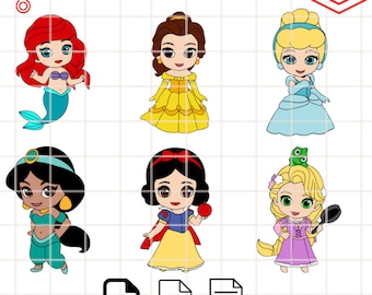May include: A set of six digital cut files featuring Disney princesses in a chibi style. The princesses include Ariel, Belle, Cinderella, Jasmine, Snow White, and Rapunzel. The files are available in EPS, PNG, and SVG formats.