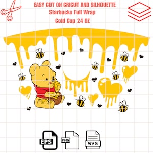 Pode incluir: Um design de envoltório para copo frio Starbucks com o tema Winnie the Pooh. O design apresenta Winnie the Pooh segurando um pote de mel, cercado por mel pingando, corações e abelhas. O texto "EASY CUT ON CRICUT AND SILHOUETTE" está no topo do design, seguido por "Starbucks Full Wrap" e "Cold Cup 24 OZ".
