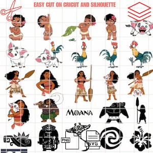 Puede incluir: Un conjunto de 20 archivos de corte digital con personajes y elementos de la película animada Moana. El conjunto incluye a Moana, Maui, Pua el cerdo, Hei Hei el gallo, Te Fiti y más. Los archivos están en formatos PNG y SVG, lo que los hace compatibles con las máquinas de corte Cricut y Silhouette.