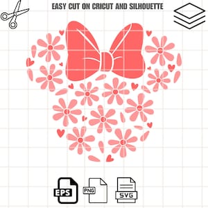 May include: A pink floral design in the shape of a bow and mouse ears. The design is made of pink flowers and hearts. The text "EASY CUT ON CRICUT AND SILHOUETTE" is at the top. File types include EPS, PNG, and SVG.