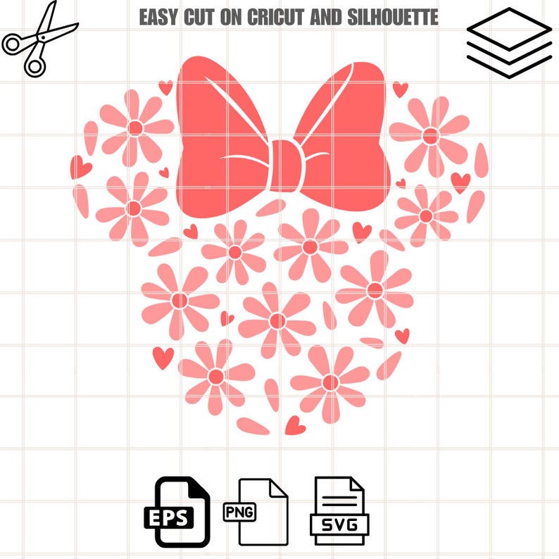 May include: A pink floral design in the shape of a bow and mouse ears. The design is made of pink flowers and hearts. The text "EASY CUT ON CRICUT AND SILHOUETTE" is at the top. File types include EPS, PNG, and SVG.