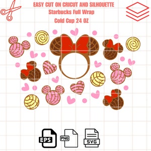 May include: A digital design featuring a brown and red Mickey Mouse head with a bow, surrounded by brown and pink pastry-like shapes. The design is for a 24 oz cold cup and includes the text "EASY CUT ON CRICUT AND SILHOUETTE Starbucks Full Wrap Cold Cup 24 OZ".