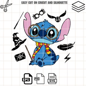 May include: Blue Stitch character wearing round glasses and a red and yellow scarf, holding a wand.  The image includes other Harry Potter themed icons like a Sorting Hat, glasses, a lightning bolt, a feather, and a letter with the Hogwarts crest.