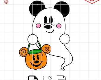 May include: A white ghost with black ears and a pink blush holding a green and orange pumpkin bucket with a black Mickey Mouse face.