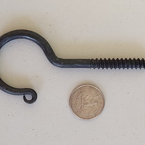 May include: A black metal screw hook with a decorative curl at the end of the hook. The hook is about the size of a US quarter.