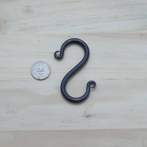May include: A black metal S-shaped hook, approximately the size of a US quarter.