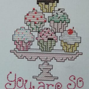 Sue Hillis Designs-Post Stitches-You Are So Sweet cross stitch pattern  cupcake cross stitch pattern with silver heart charm