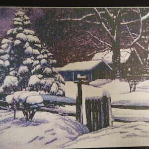 May include: A snowy winter scene with a house in the background and a wooden fence in the foreground. The trees are covered in snow and the ground is white.