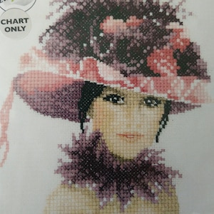 May include: Cross stitch pattern featuring a woman with dark hair wearing a pink and purple hat with a feather trim. The pattern is titled "Sophia".