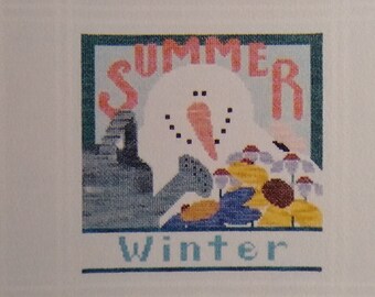 May include: A colorful cross-stitch design featuring a snowman with different seasonal elements. The text reads "Spring, Summer, Fall, But I like Winter best of all."