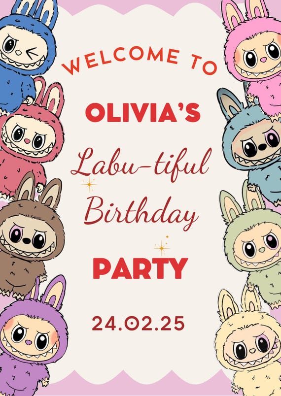 Personalised Labubu Kids Birthday Welcome Sign – A2/A3/A4 Party Hall Decor Poster