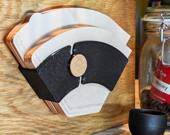 Coffee filter holder – Slim, adhesive, perfect for wall or cabinet storage for coffee filters, including Melitta sizes 2 & 4 and others.