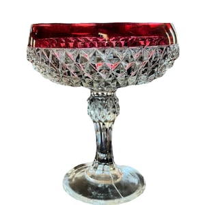 May include: A clear glass pedestal bowl with a deep red rim and a diamond-shaped pattern. The bowl is on a clear glass pedestal with a wide base.
