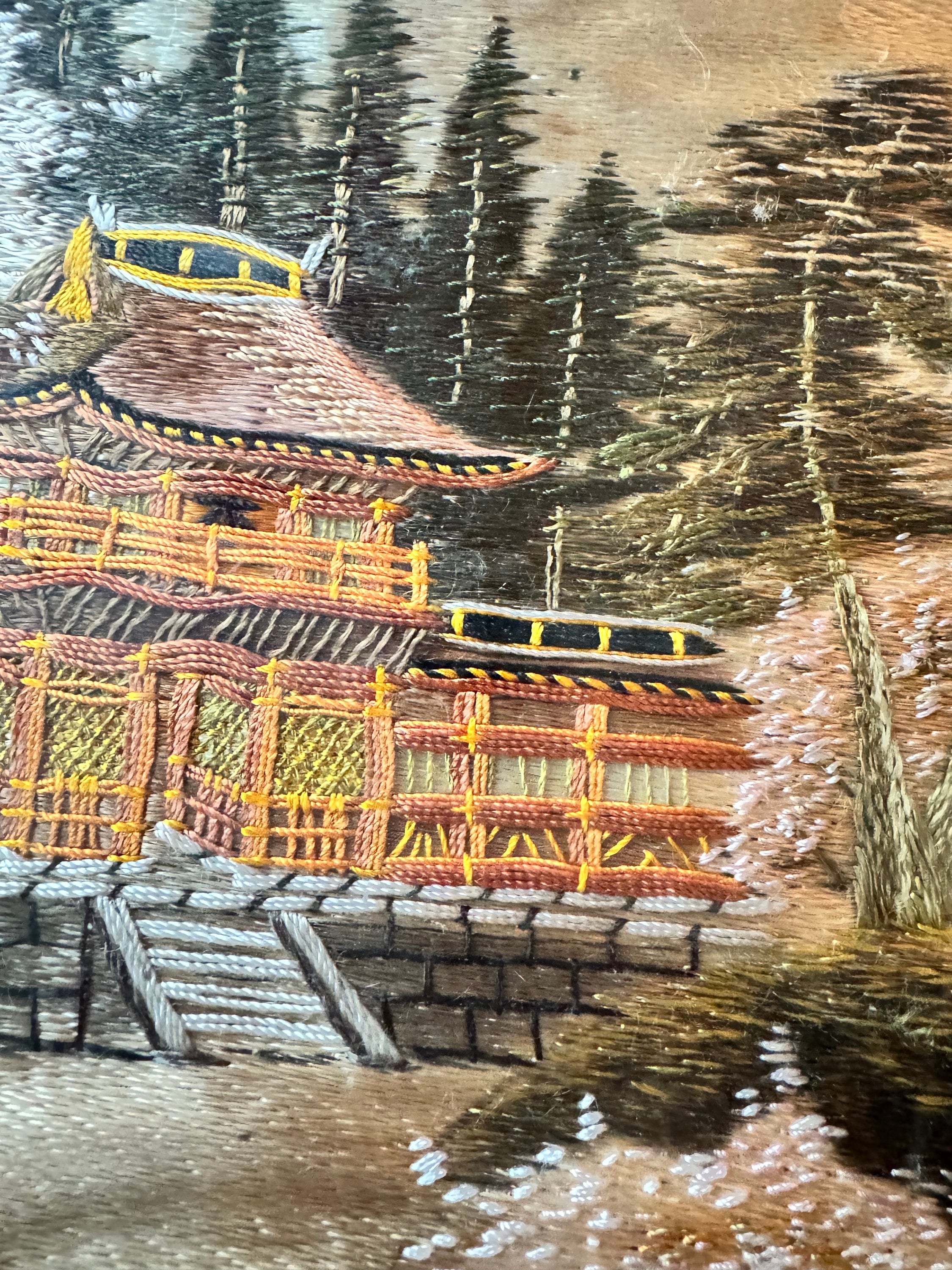 Asian Silk Thread Painting Mount Fuji Japan Landscape Temple