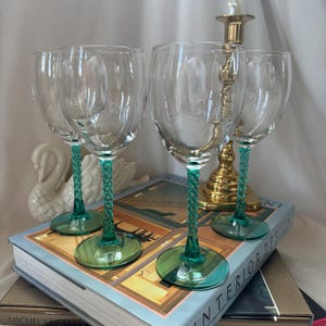 Set of 4 Vintage Angelique Aqua by Cristal D’Arques-Durand Crystal blown blue green wine glasses /aqua twisted stem