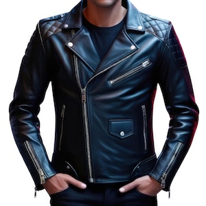 Men's Black Leather Biker Jacket – Quilted Shoulders, Zipper Details, Moto Style, Slim Fit, Genuine Leather, Motorcycle Jacket for Men