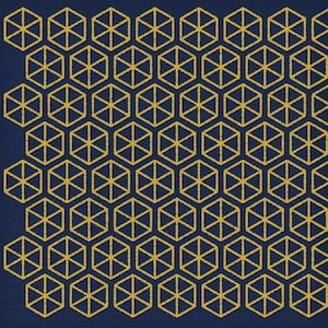 May include: A repeating pattern of yellow geometric shapes on a dark blue background. The pattern consists of hexagons, each containing a six-pointed star. The design has a textured appearance.